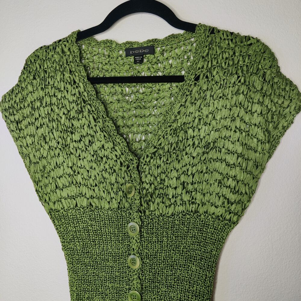 Vintage Bebe Y2K Kelly Green Woven Ribbon Stretch Knit Button Front Top Medium - Picture 3 of 10